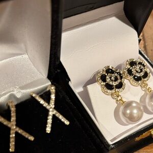 Elegant Gold X-Shaped Earrings and Flower Pearl Earrings